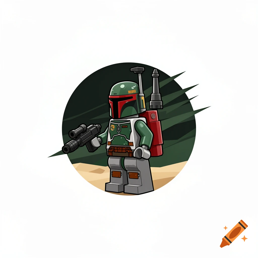 Boba Fett Lego minifigure in a circular digital illustration with a blaster and jetpack.