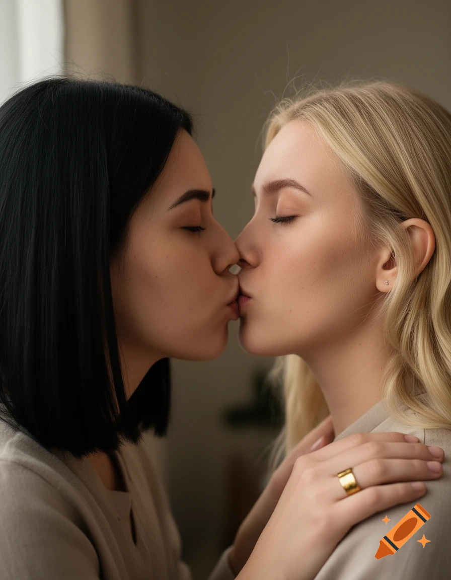 Close-up photorealistic portrait of a young woman with dark hair kissing a young blonde woman, one hand with a gold ring on the blonde's shoulder.