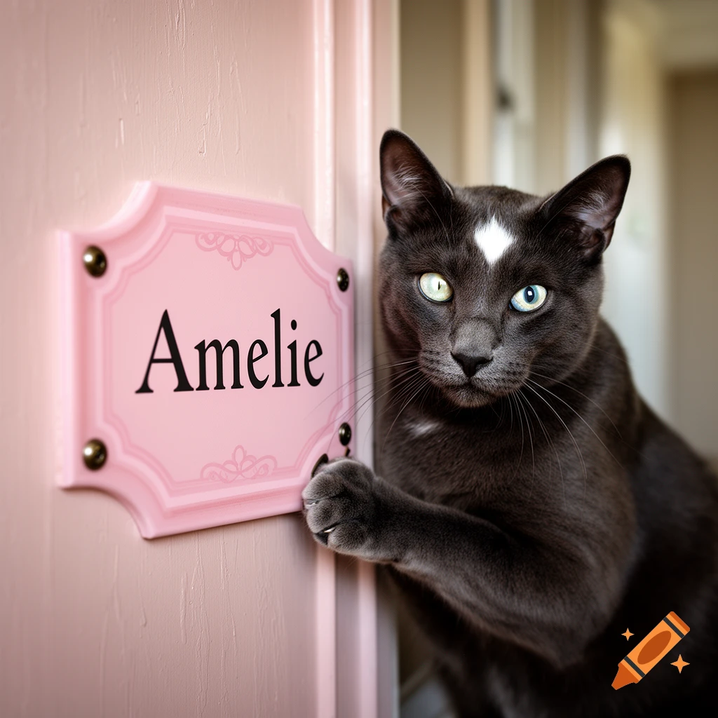 Photorealistic dark grey cat with a white spot on its head touching a pink sign with the name Amelie written on it.