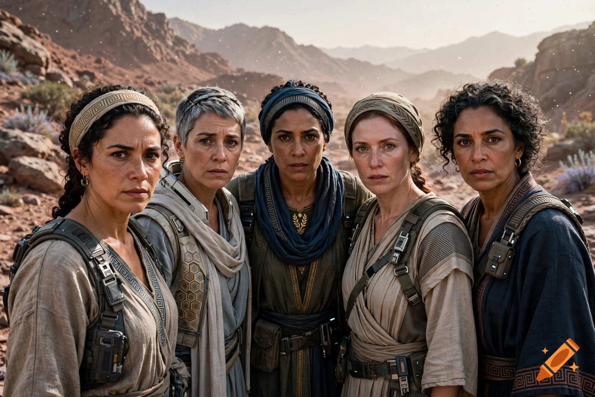 Cinematic photo of five diverse women in futuristic tactical gear standing in a desert mountain landscape.