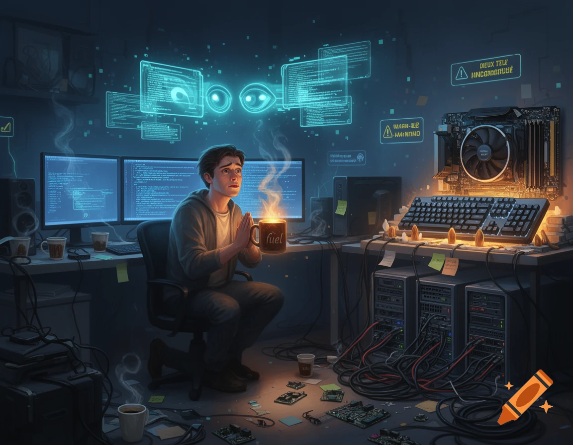 An exhausted programmer sits in a messy server room, holding a steaming coffee mug labeled fuel, surrounded by monitors and floating screens.