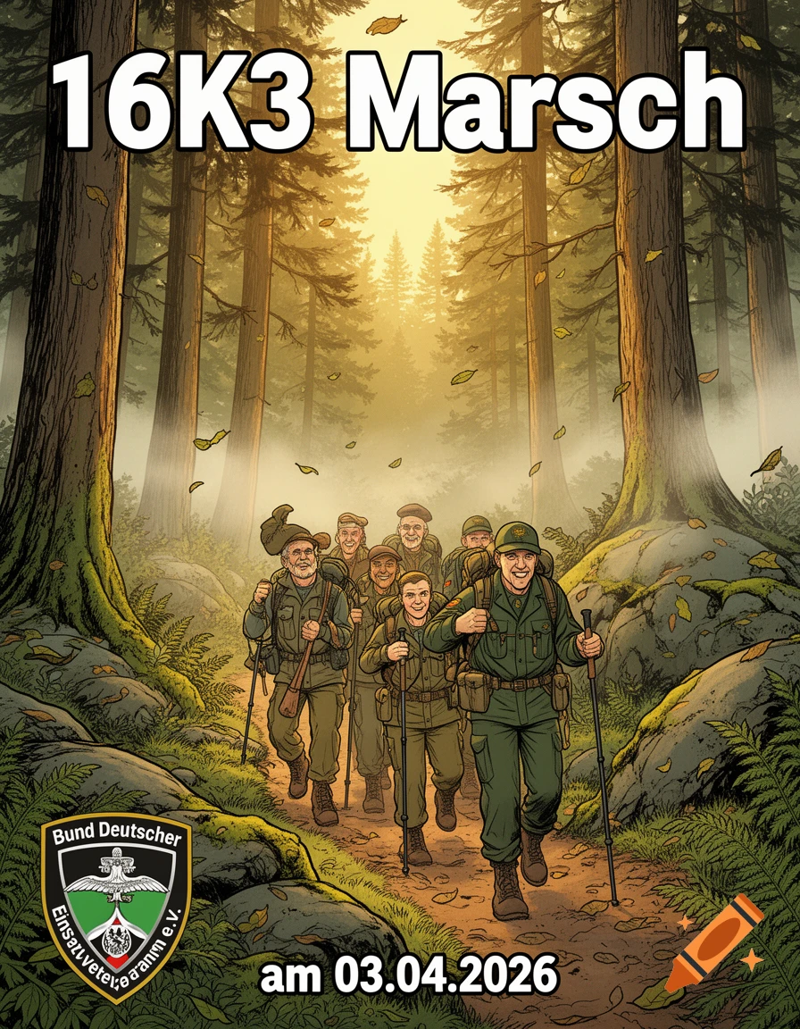 Comic style illustration of a group of hikers walking through a dense forest trail under sunlight.
