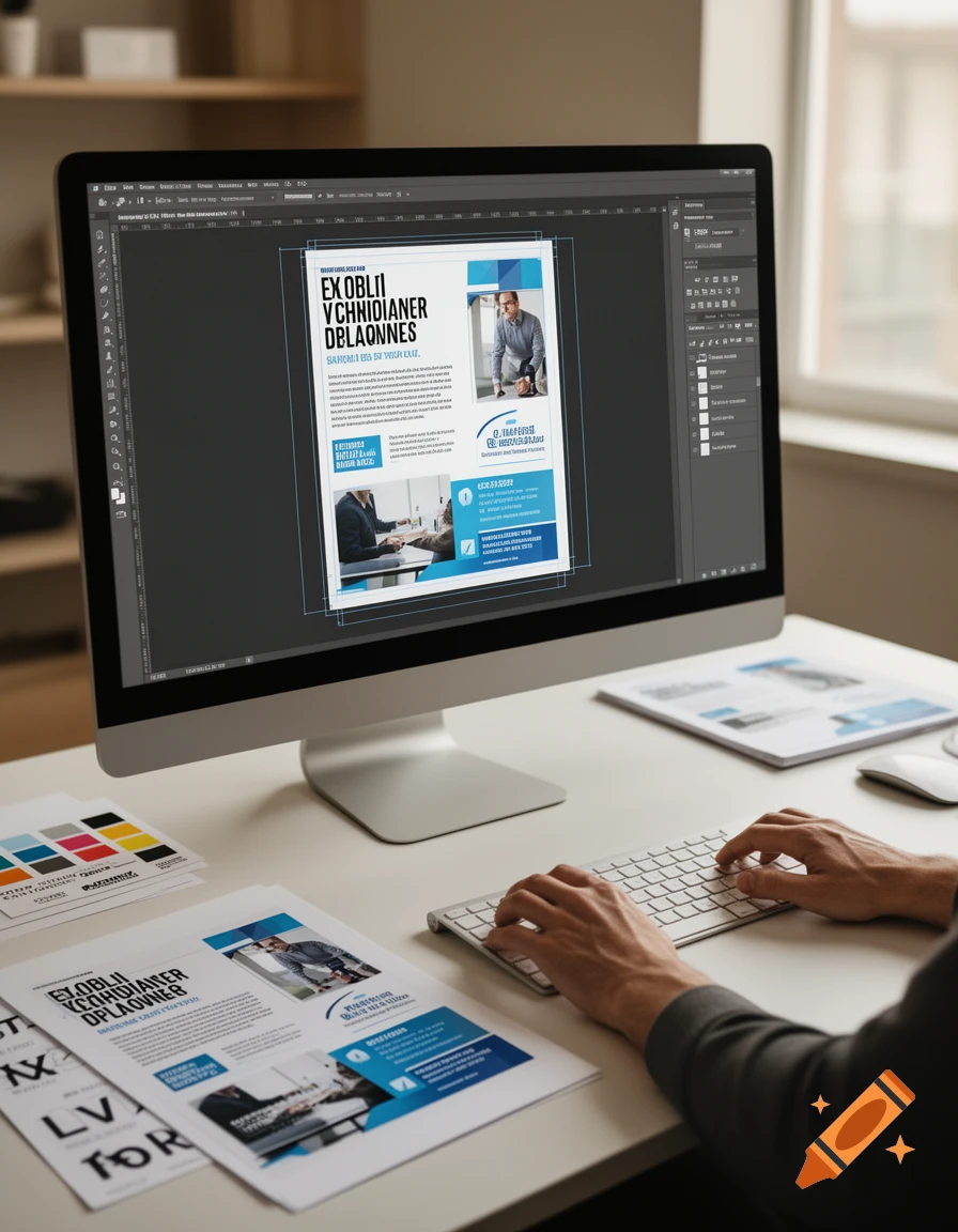 A person using a computer workstation with Photoshop open, editing a flyer design on the screen.