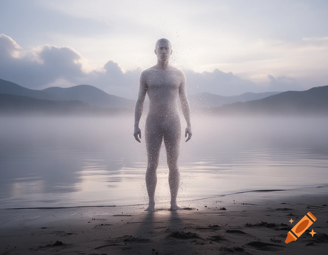 Photorealistic image of a glowing, translucent humanoid figure made of sand particles standing on a beach by a calm lake at dawn.