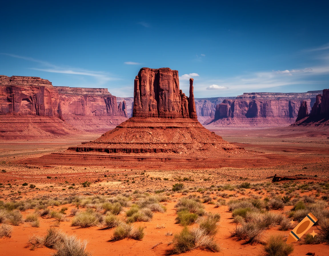 Photorealistic landscape of Monument Valley featuring prominent red rock buttes and sparse desert vegetation under a blue sky.