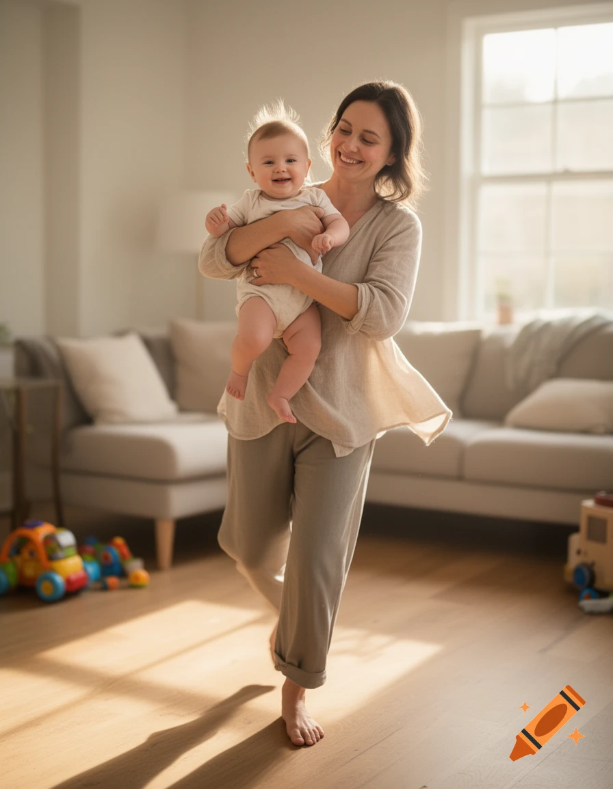 Photorealistic image of a smiling woman dancing in a living room while holding a happy baby.