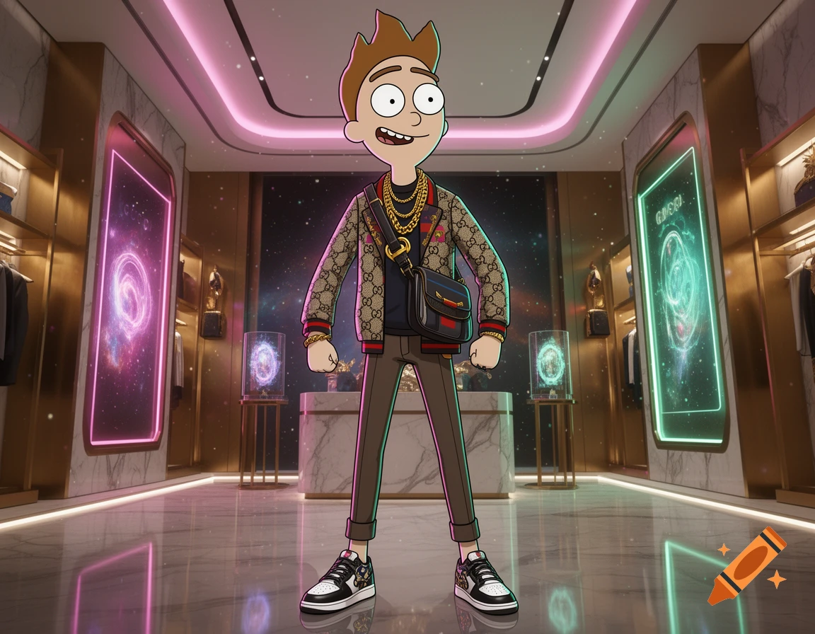 Cartoon character styled like Morty from Rick and Morty wearing a designer jacket and sneakers in a luxury store.