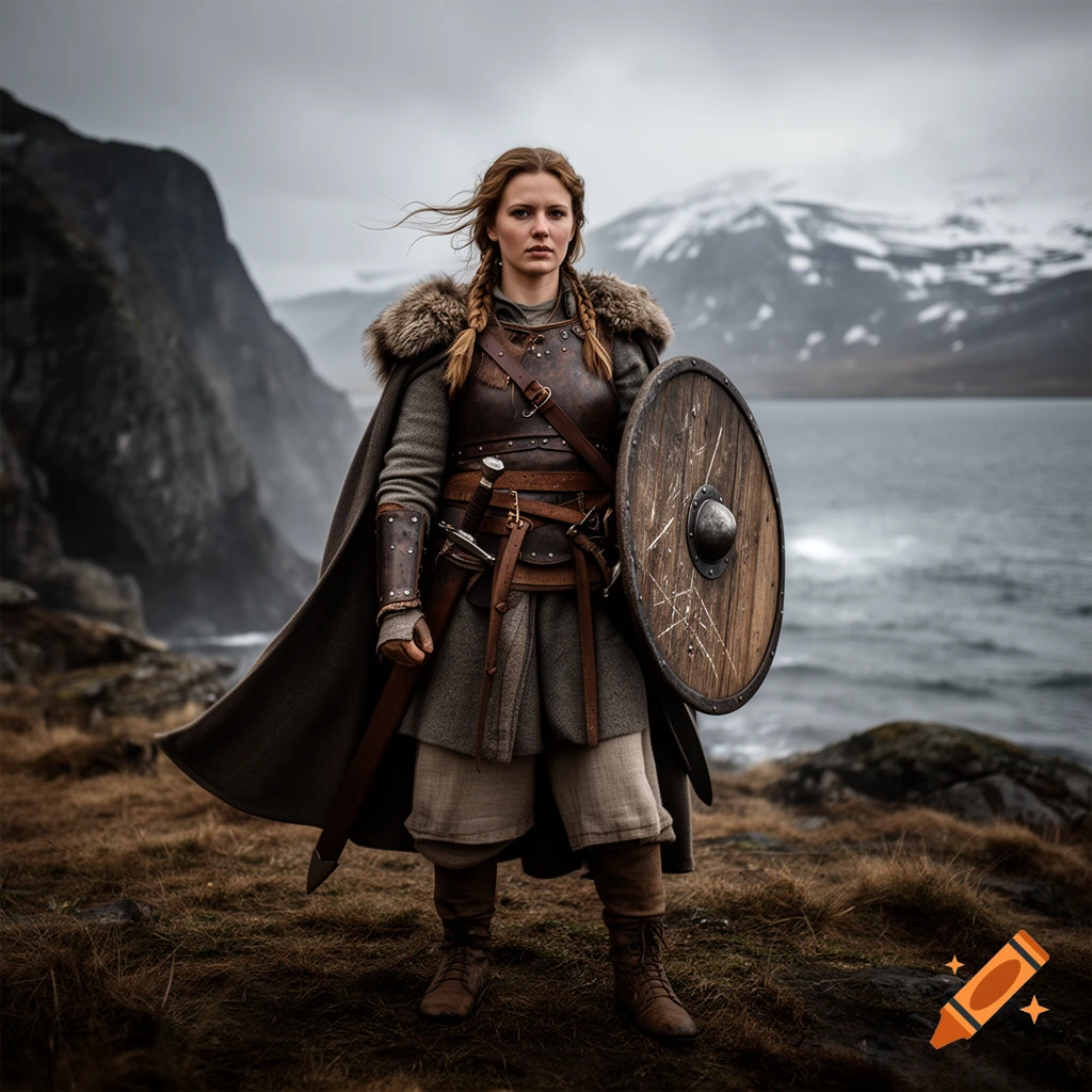 Photorealistic image of a Nordic shieldmaiden in leather armor holding a wooden shield with a mountainous fjord in the background.