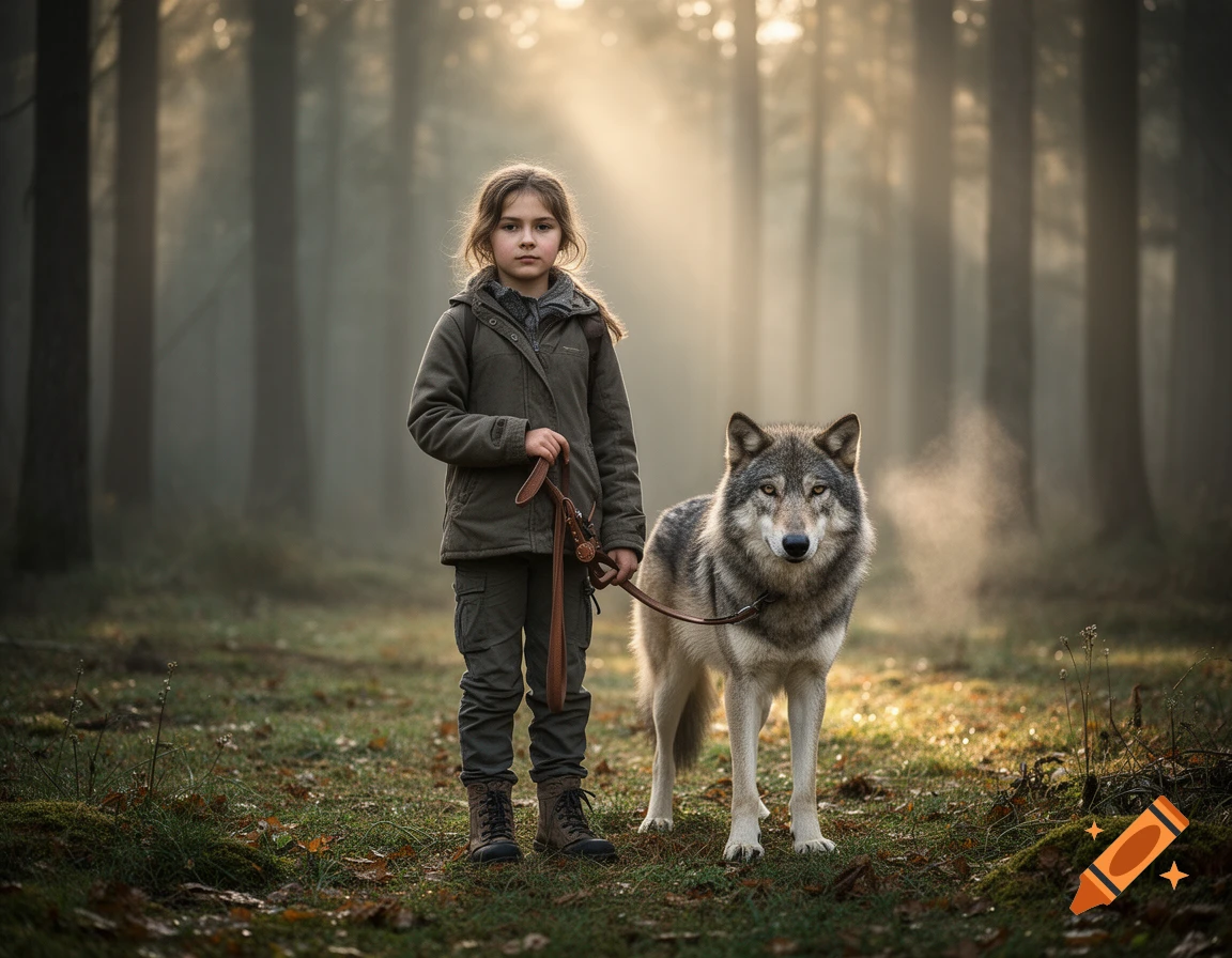 Photorealistic image of a young girl holding a wolf on a leash in a foggy forest at dawn.