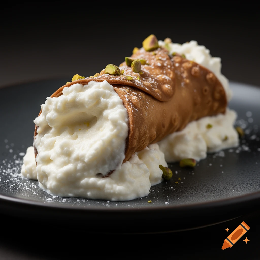 Photorealistic close-up of an Italian cannoli overfilled with white ricotta cream and pistachios on a black plate.