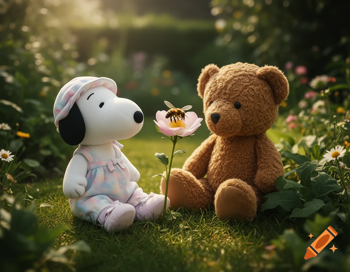 A photorealistic image of a plush Snoopy and a teddy bear sitting in a grassy garden, looking at a bee on a pink flower.