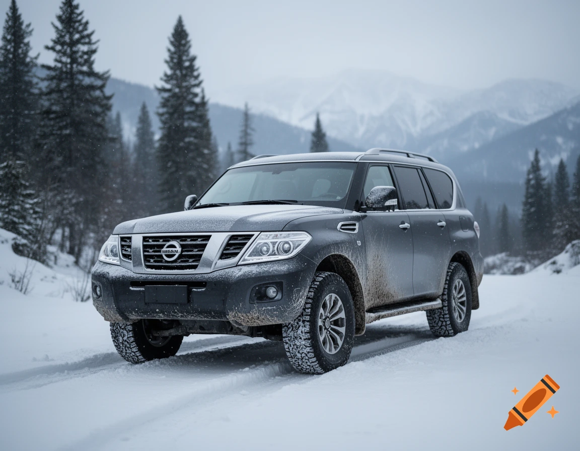 Photorealistic shot of a grey Nissan Patrol SUV driving on a snow-covered road through a pine forest with mountains in the background.