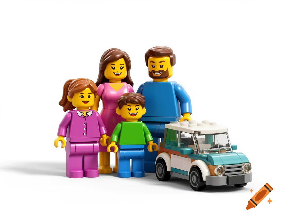 Lego family of four consisting of a mother, father, son, and daughter standing next to a small teal and white Lego car.