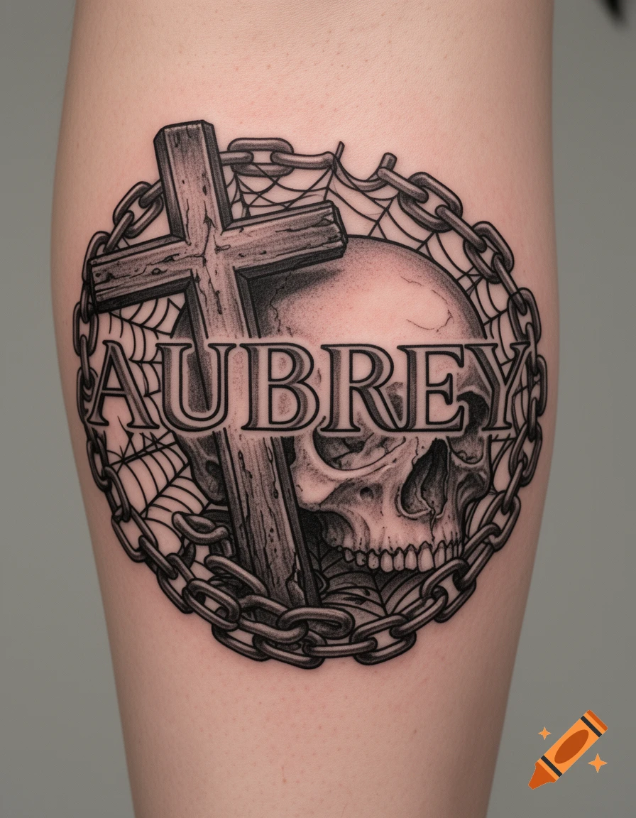 Black and grey tattoo on skin featuring a skull, wooden cross, chains, and spider web, spelling the name AUBREY.