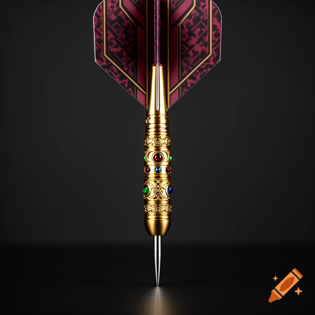 Close-up of a heavily decorated gold-plated dart with red and patterned flights, featuring embedded gems on the barrel.