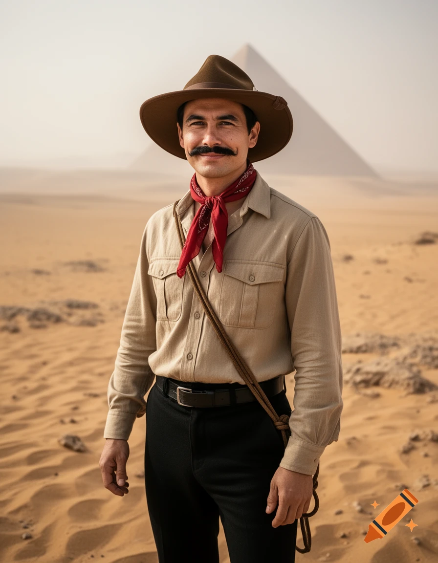 Photorealistic portrait of an Australian archaeologist in the desert with a pyramid in the background.