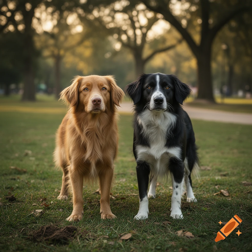 Photorealistic image of two dogs standing in a grassy park with trees in the background.