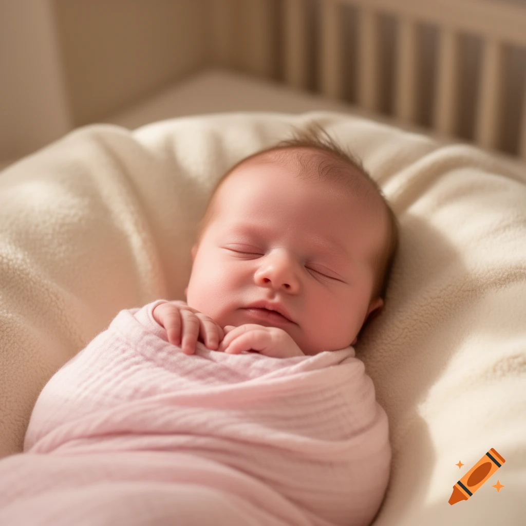 Photorealistic close-up of a sleeping newborn baby swaddled in a soft pink blanket resting in a bassinet.