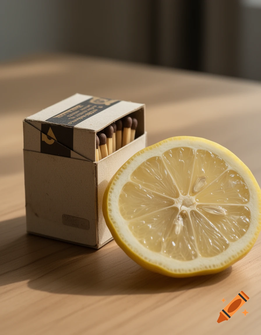 A photorealistic close-up of a matchbox and a sliced half of a fresh lemon resting on a wooden table.