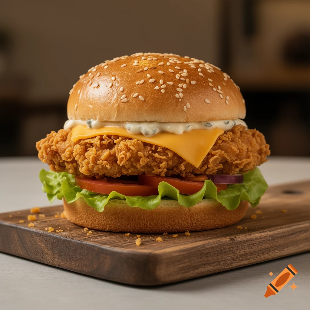 Photorealistic image of a crispy chicken burger with cheese, lettuce, tomato, and sauce on a sesame bun, sitting on a wooden cutting board.