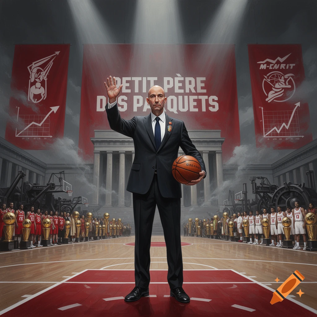 Propaganda style painting of Adam Silver as a Soviet leader standing on a basketball court holding a basketball.
