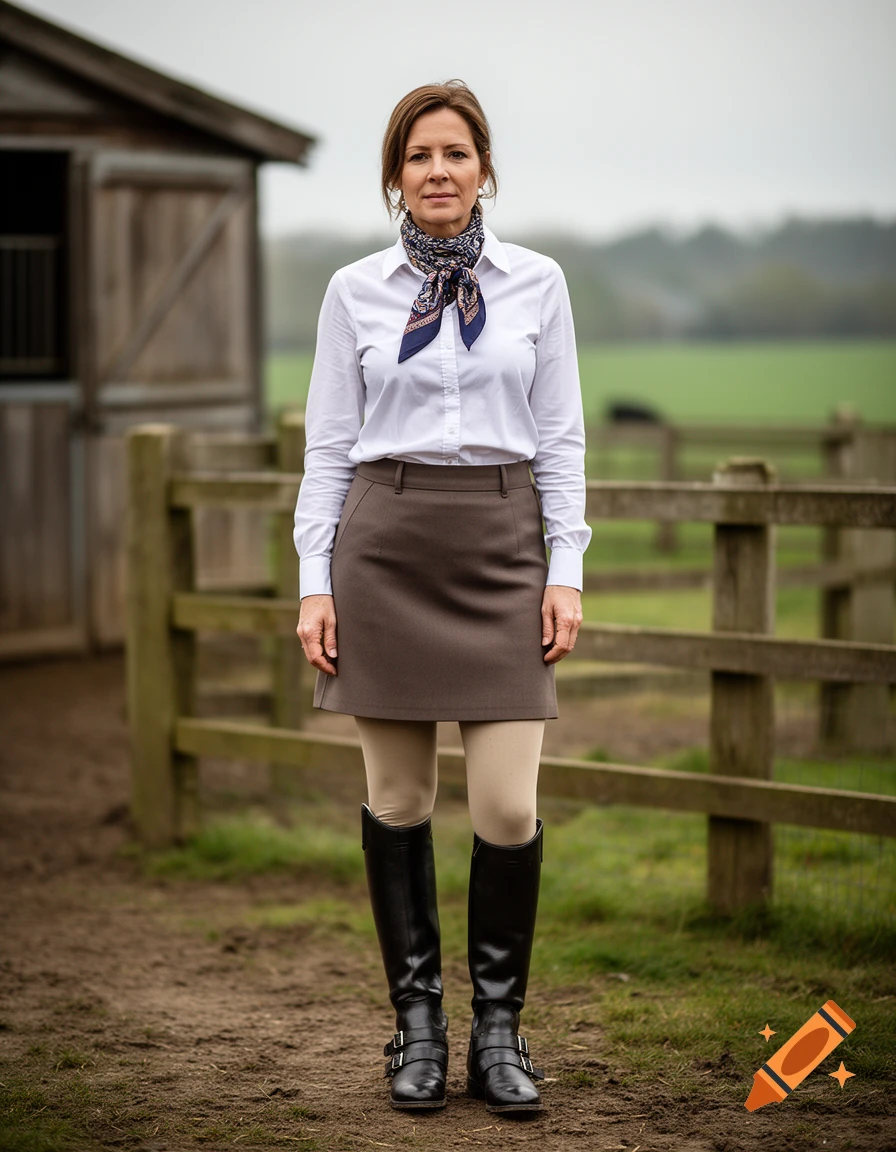 Photorealistic full-length shot of a woman in an equestrian outfit with a white shirt, brown skirt, and black boots standing near a wooden fence.