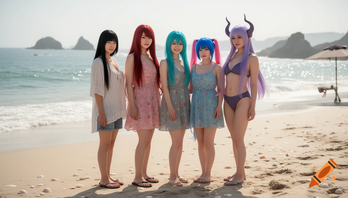 Photorealistic image of five young women in casual dresses and swimwear standing together on a sandy beach by the ocean.