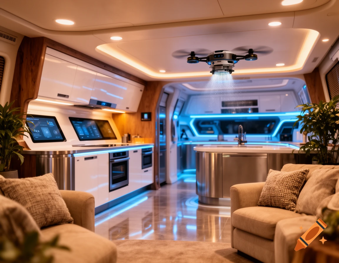 Photorealistic modern futuristic kitchen and living room interior with a flying cleaning drone spraying mist.