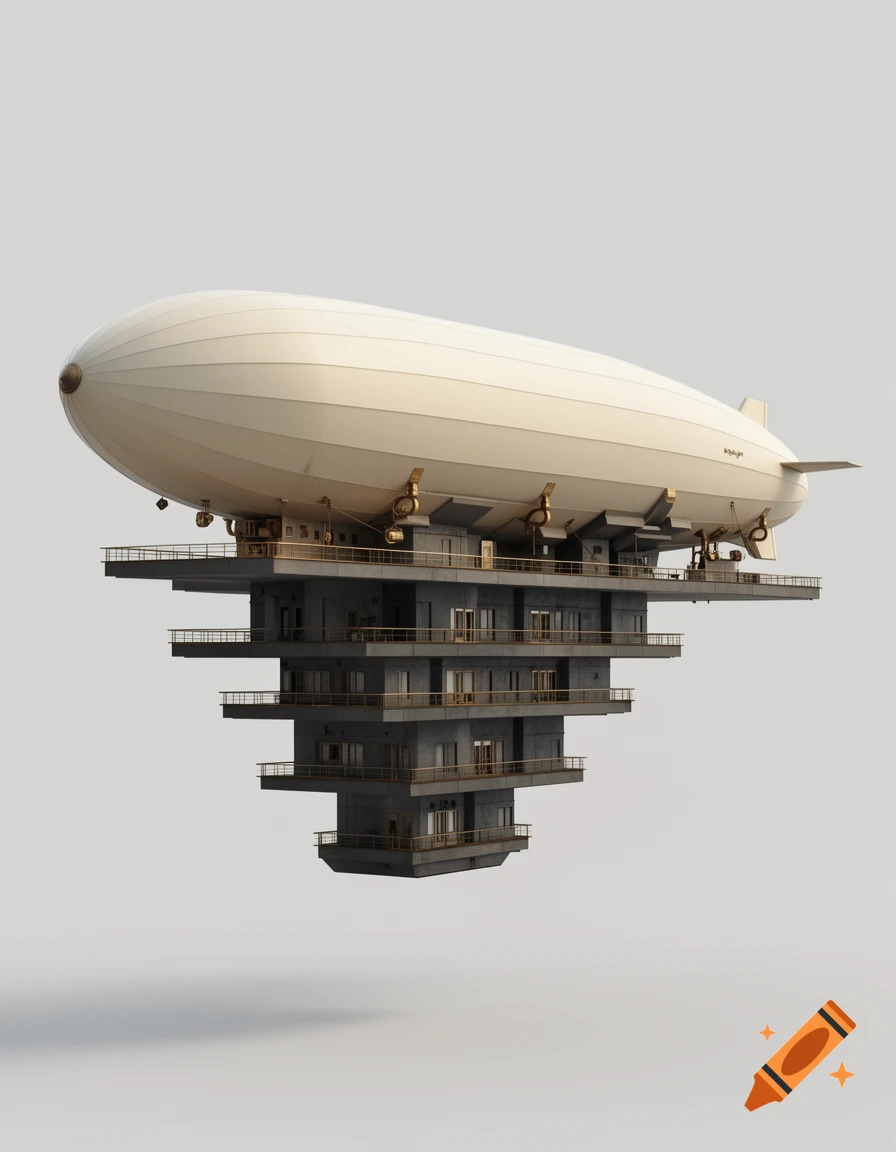 A futuristic concept airship combining a large white zeppelin with a multi-tiered brutalist concrete building structure underneath, on a plain grey background.