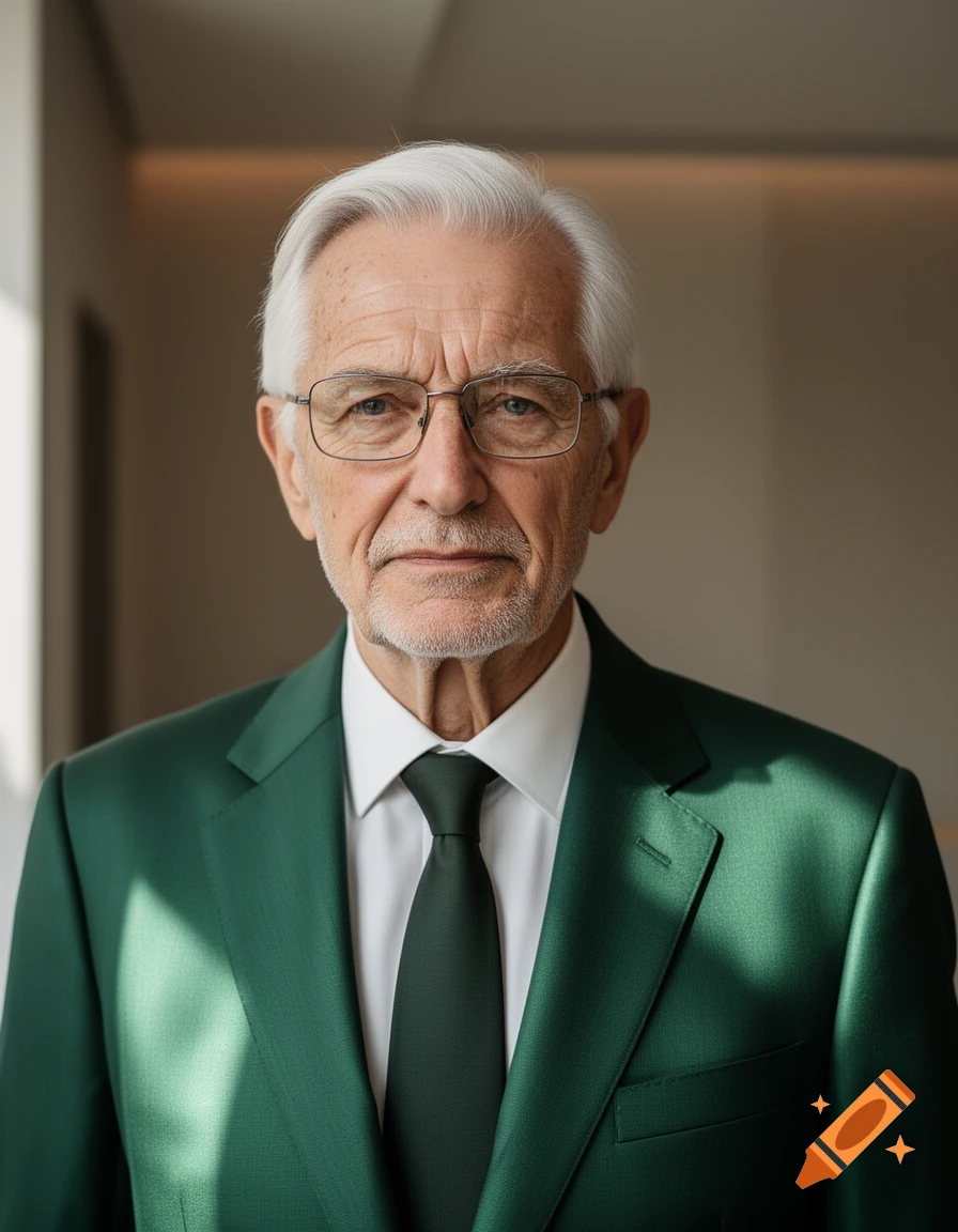 Photorealistic portrait of an elderly man with white hair and glasses, wearing a shiny green suit and white shirt.