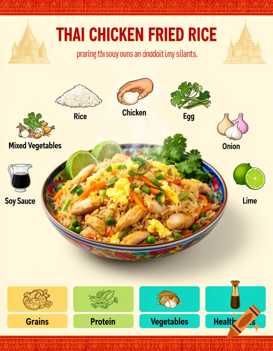 An instructional poster for Thai chicken fried rice with ingredients, text, and food groups illustrated.