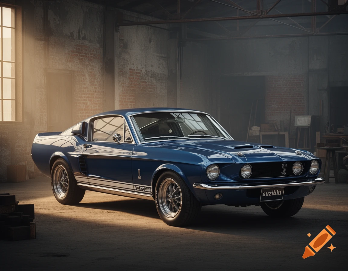 Photorealistic 1967 GT500 Shelby blue car parked inside a dimly lit industrial garage with brick walls.