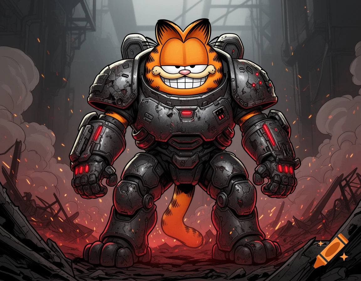Grinning Garfield wearing heavy dark sci-fi power armor in a ruined industrial setting, digital illustration style.