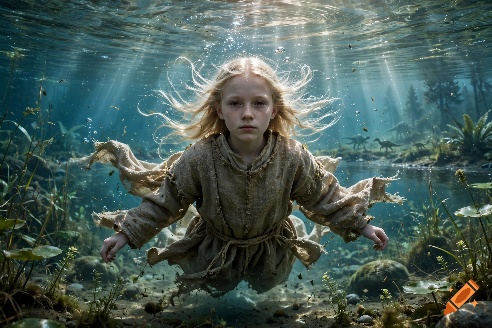 Photorealistic image of a young girl with blonde hair hovering underwater in a prehistoric pond with dinosaurs in the background.