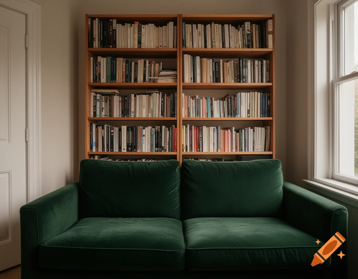 Photorealistic living room corner with a dark green velvet sofa and a wooden bookshelf filled with books.