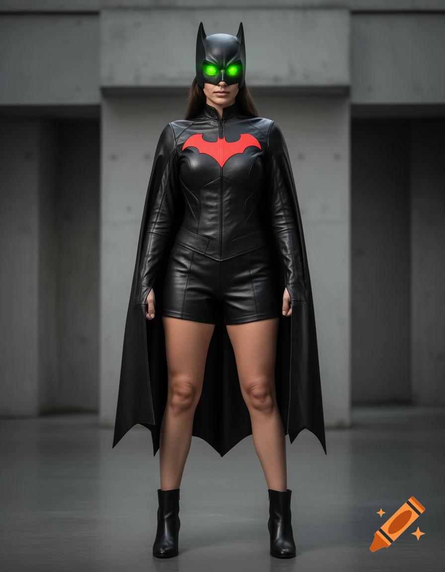 A photorealistic full-body shot of a woman in a black leather superhero jumpsuit, red bat emblem, cowled mask with glowing green eyes, and cape.