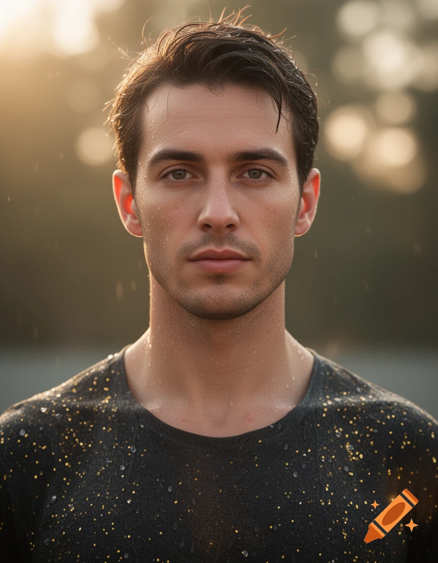 Close-up photorealistic portrait of a young man with wet hair and skin, wearing a dark glittery shirt, in golden hour light.