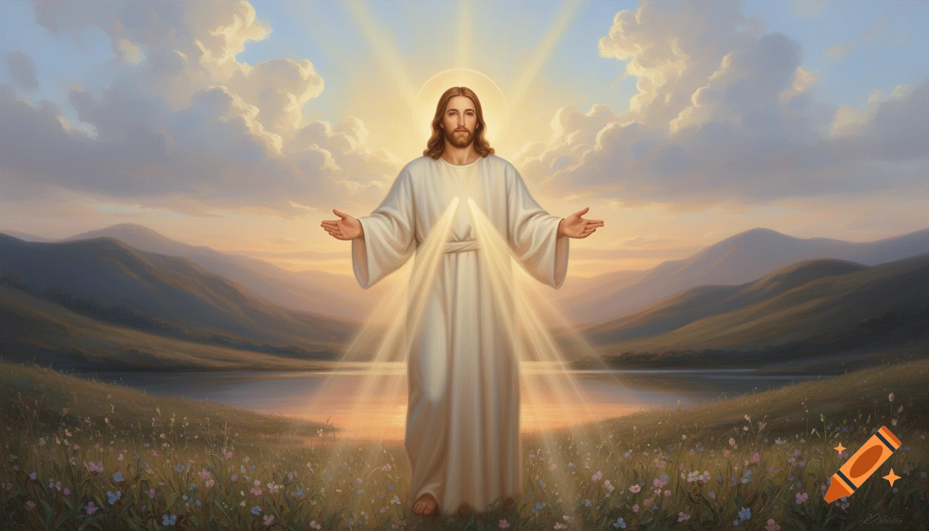 Painterly depiction of Jesus Christ standing in a serene landscape at sunrise with outstretched hands.