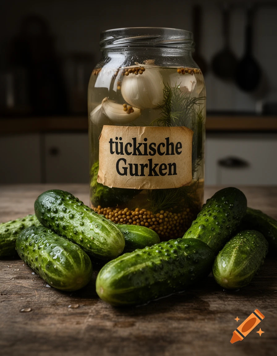 Photorealistic image of a glass jar of pickled cucumbers and garlic on a wooden table, surrounded by fresh cucumbers.