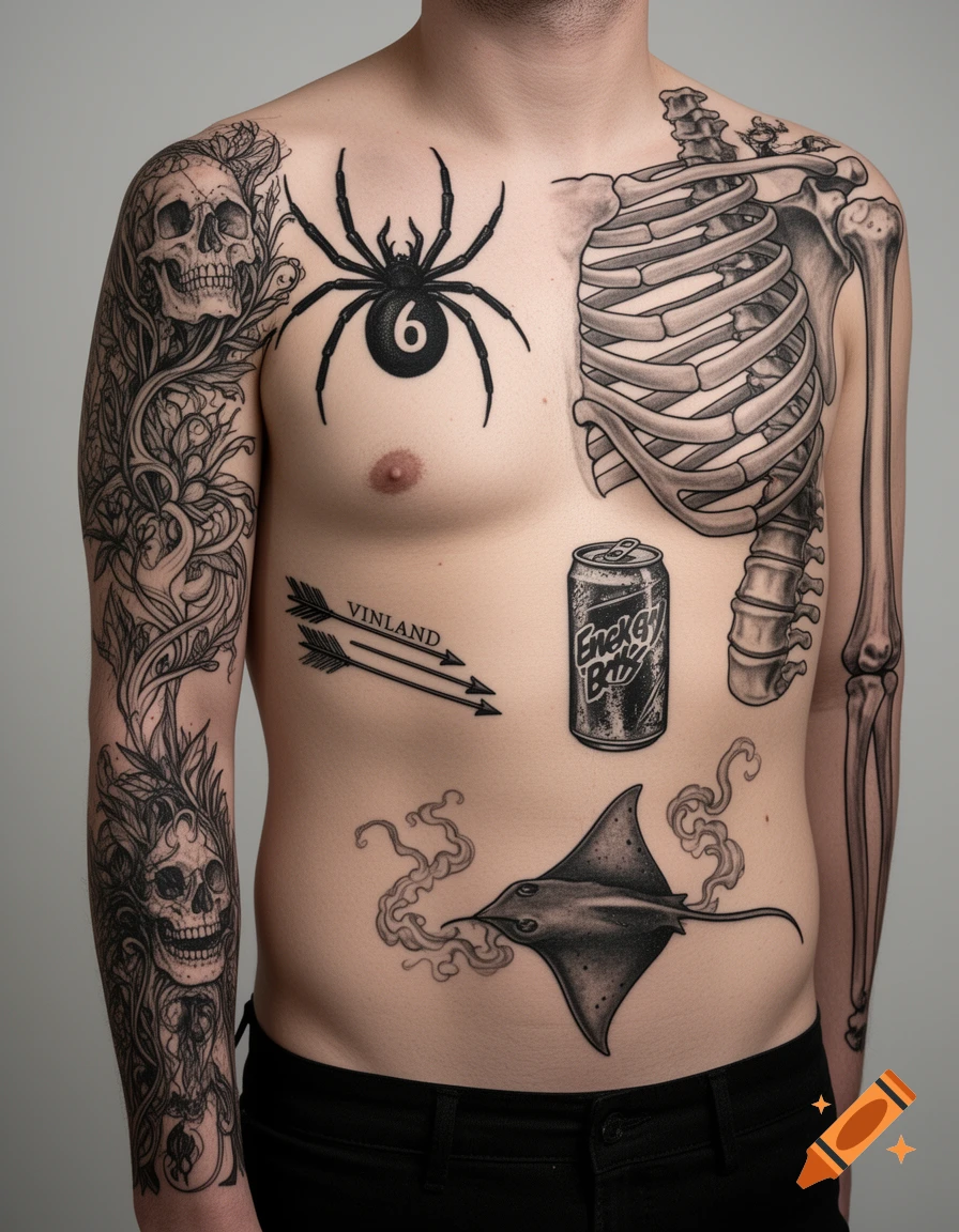 A man's torso with multiple black and grey tattoos including a skull, spider, ribcage, arrows, energy drink can, and stingray.
