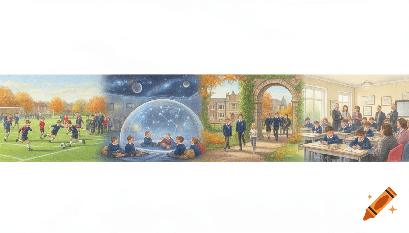 Panoramic pastel illustration showing various school scenes including sports, planetarium, historic buildings, and classrooms.