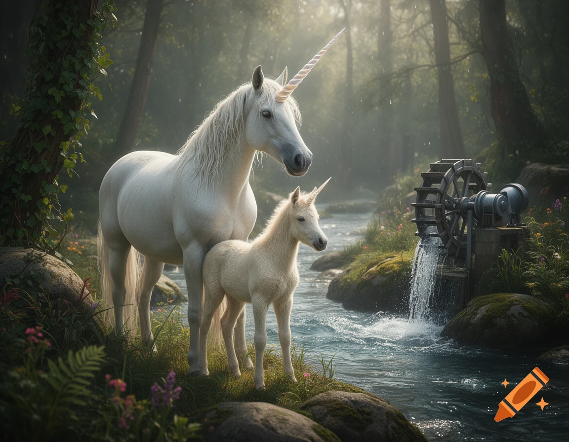 Photorealistic image of a white unicorn and its foal standing by a flowing river in a misty forest with a watermill.