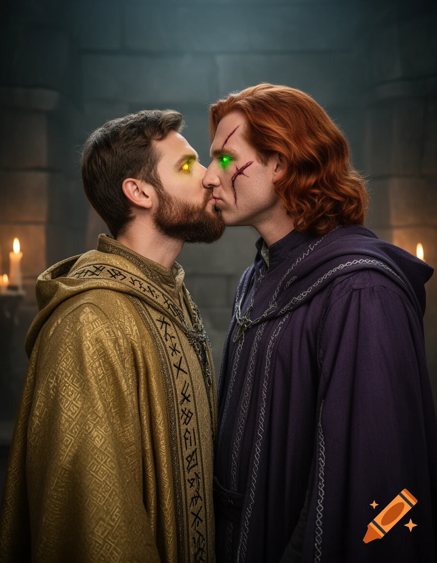 Photorealistic close-up of two fantasy men in robes kissing, one with glowing gold eyes and the other with glowing green eyes and a facial scar.