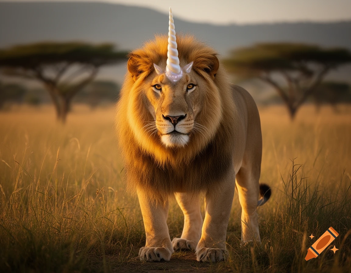 Photorealistic image of a lion with a glowing white unicorn horn on its head, standing in a grassy savanna at sunset.