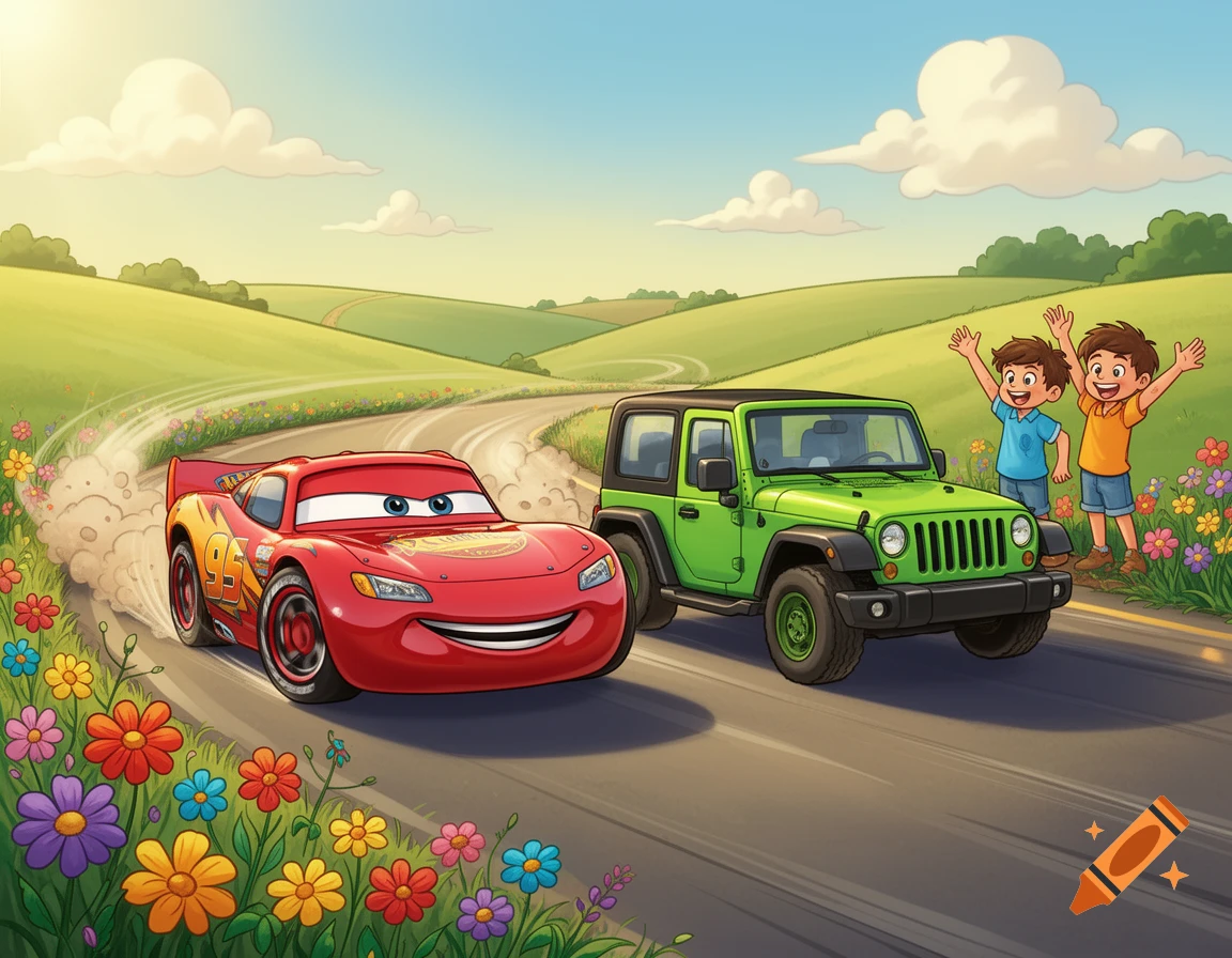 Children's book illustration of a red race car and green jeep racing down a road with kids watching, cartoon style.