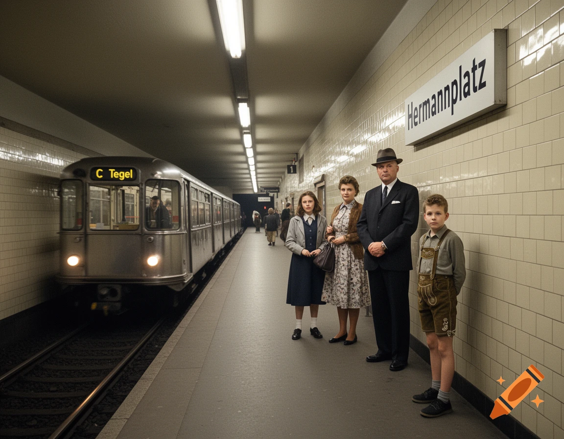 Photorealistic image of a 1964 West Berlin subway station with a vintage train and passengers on the platform.