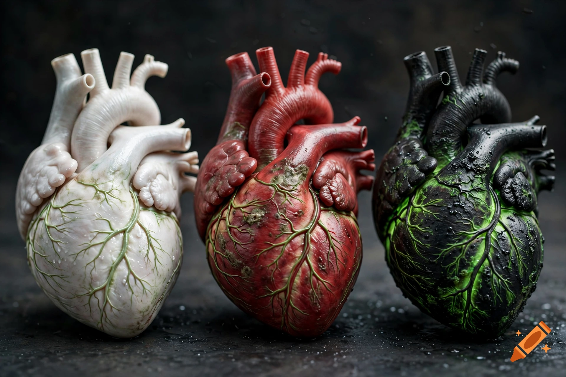 Photorealistic 3D render of three anatomical human hearts in white, red, and black with glowing green veins, symbolizing life, love, and death.