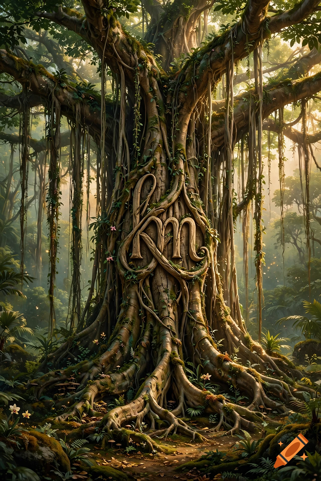 A majestic banyan tree in a lush jungle with the intertwined letters k and m formed by its roots on the trunk.