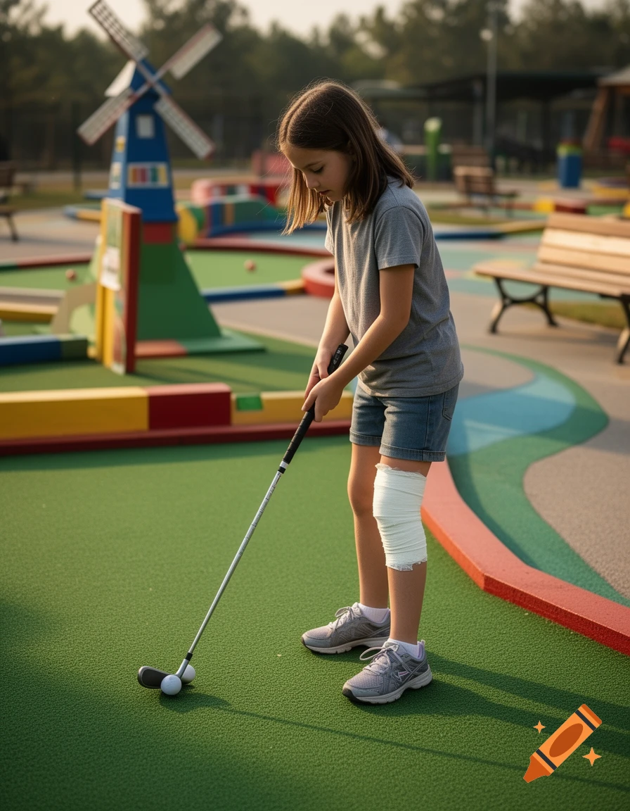 Photorealistic image of a 12-year-old girl playing minigolf with her knee wrapped in a white bandage at an outdoor course.