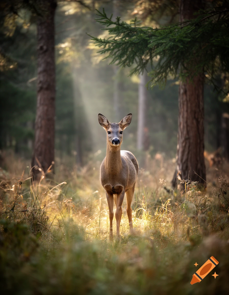 Photorealistic image of a roe deer standing in a sunlit forest clearing among trees and grass.
